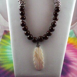 Beaded Shell Pendant Necklace; Hand Beaded, High Fashion, Gift